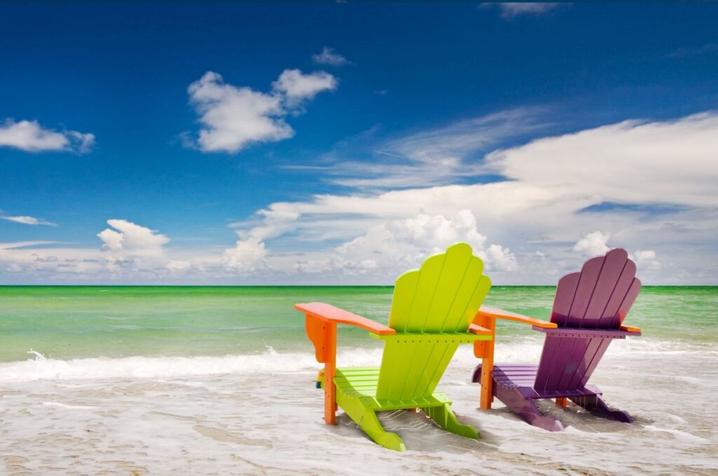 Colorful chairs at a trpoical beach in Miami Florida